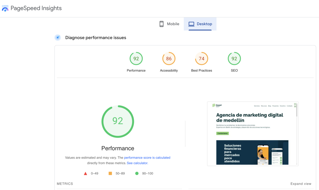 pantalla Pagespeed insights